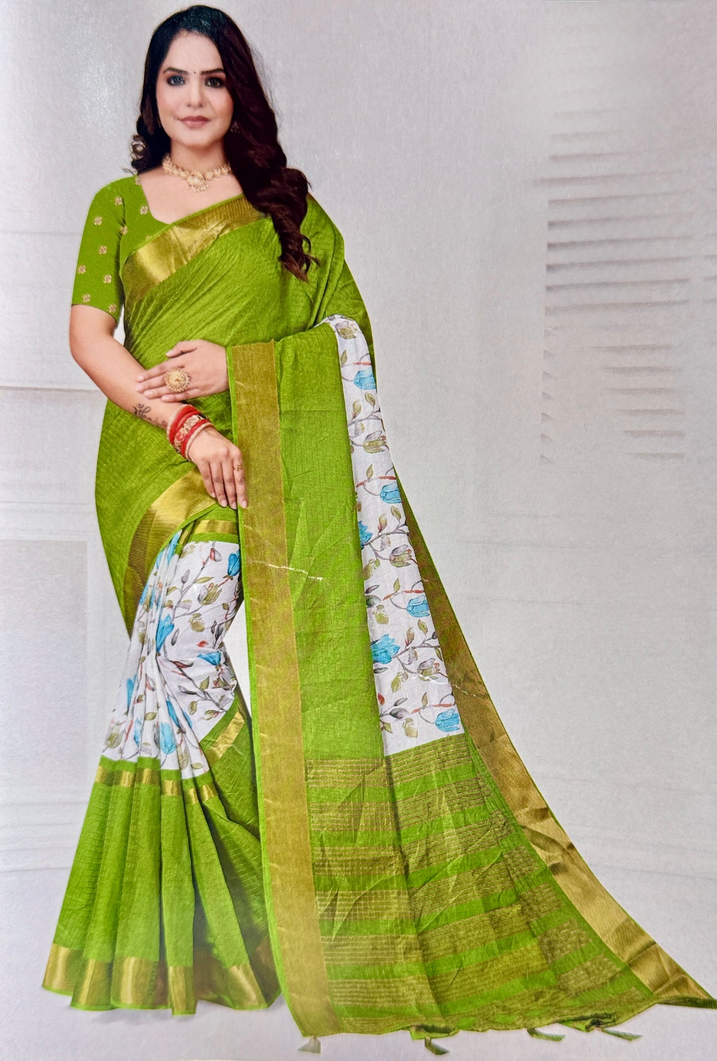 White and Green 2D Semi crepe silk in half and half pattern