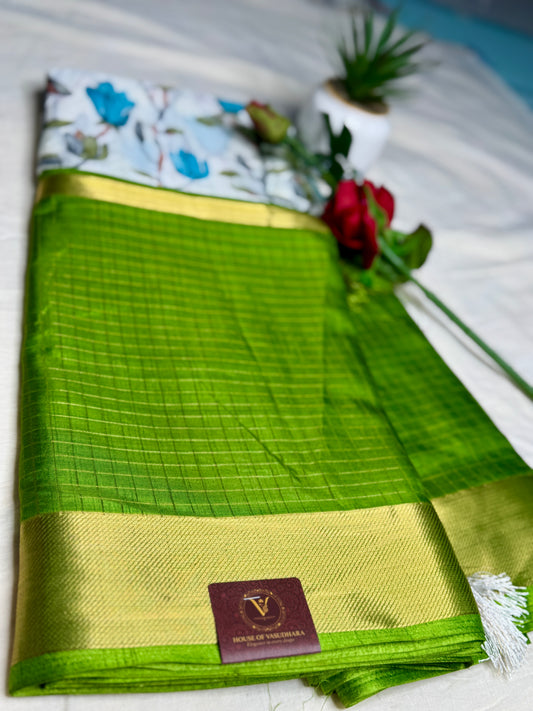 White and Green 2D Semi crepe silk in half and half pattern