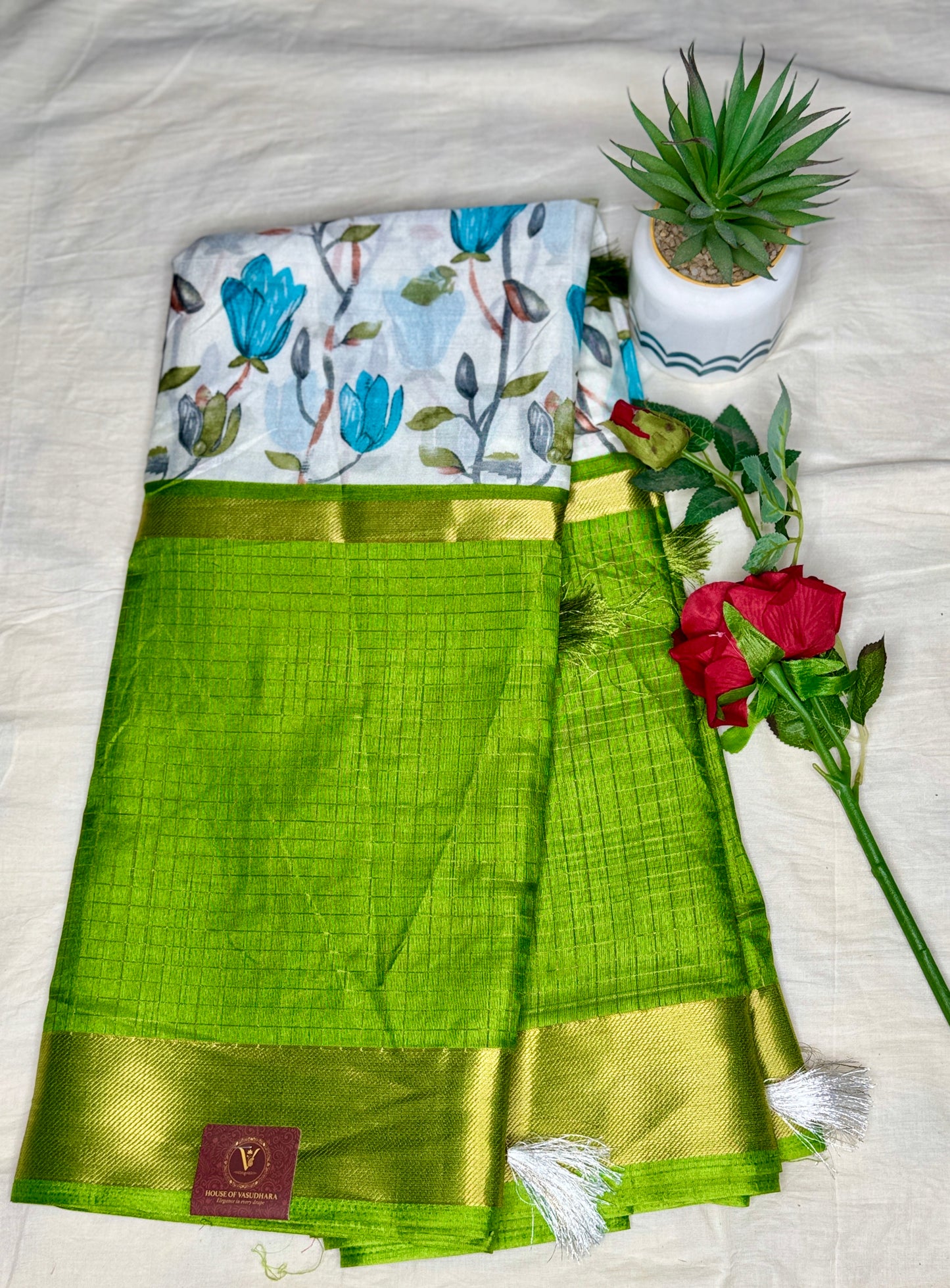 White and Green 2D Semi crepe silk in half and half pattern