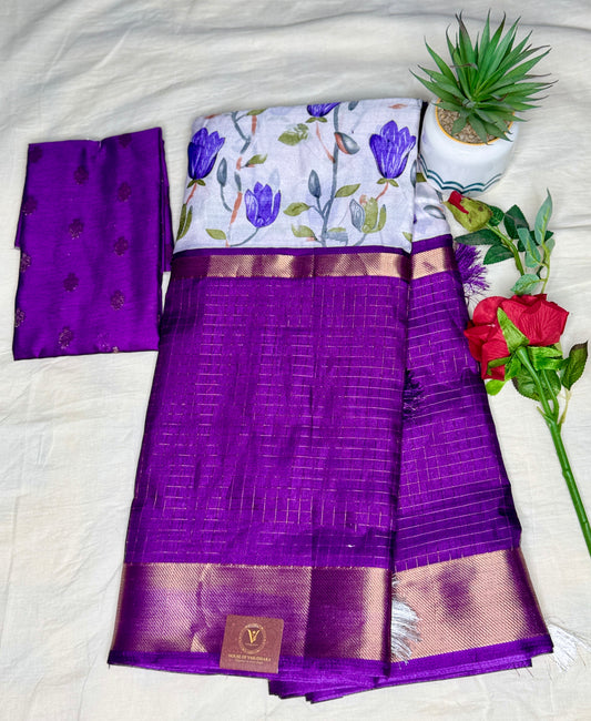 White and Purple 2D Semi crepe silk in half and half pattern