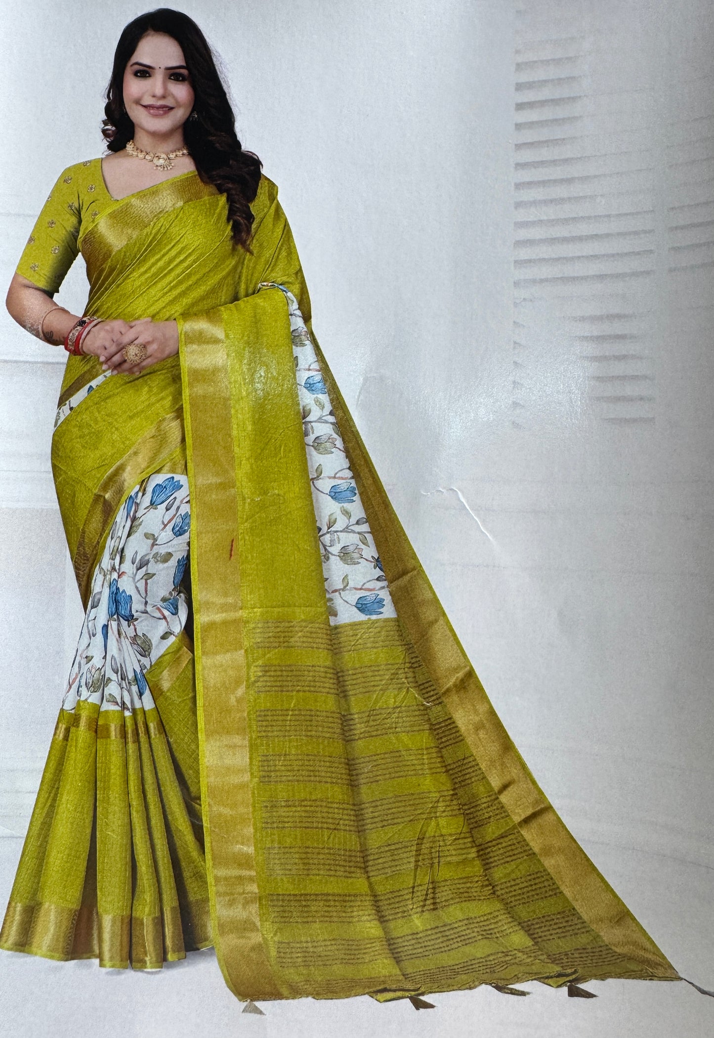 White and Mehandi green 2D Semi crepe silk in half and half pattern