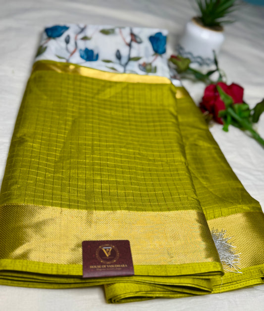 White and Mehandi green 2D Semi crepe silk in half and half pattern