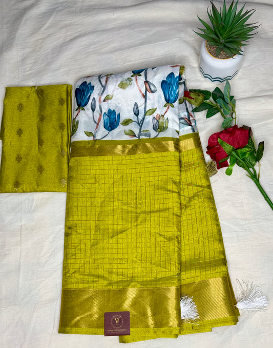 White and Mehandi green 2D Semi crepe silk in half and half pattern