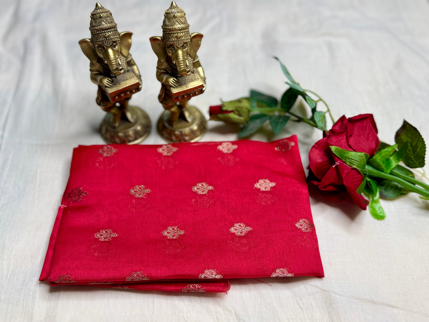 White and Red 2D Semi crepe silk in half and half pattern