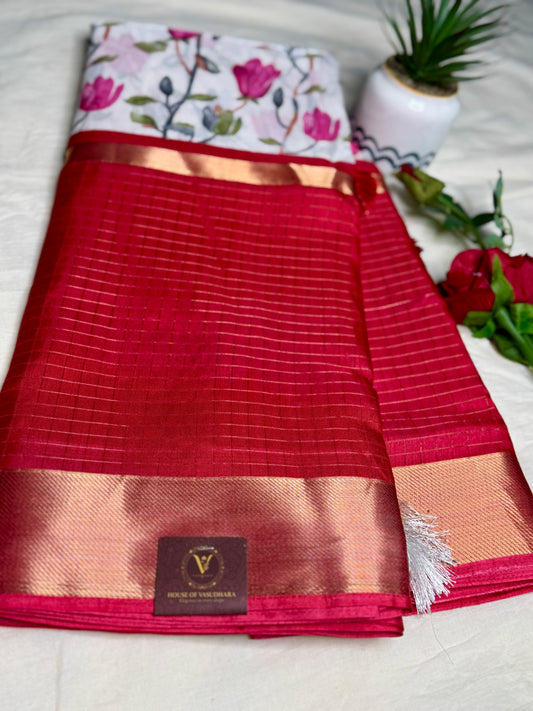White and Red 2D Semi crepe silk in half and half pattern