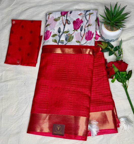 White and Red 2D Semi crepe silk in half and half pattern