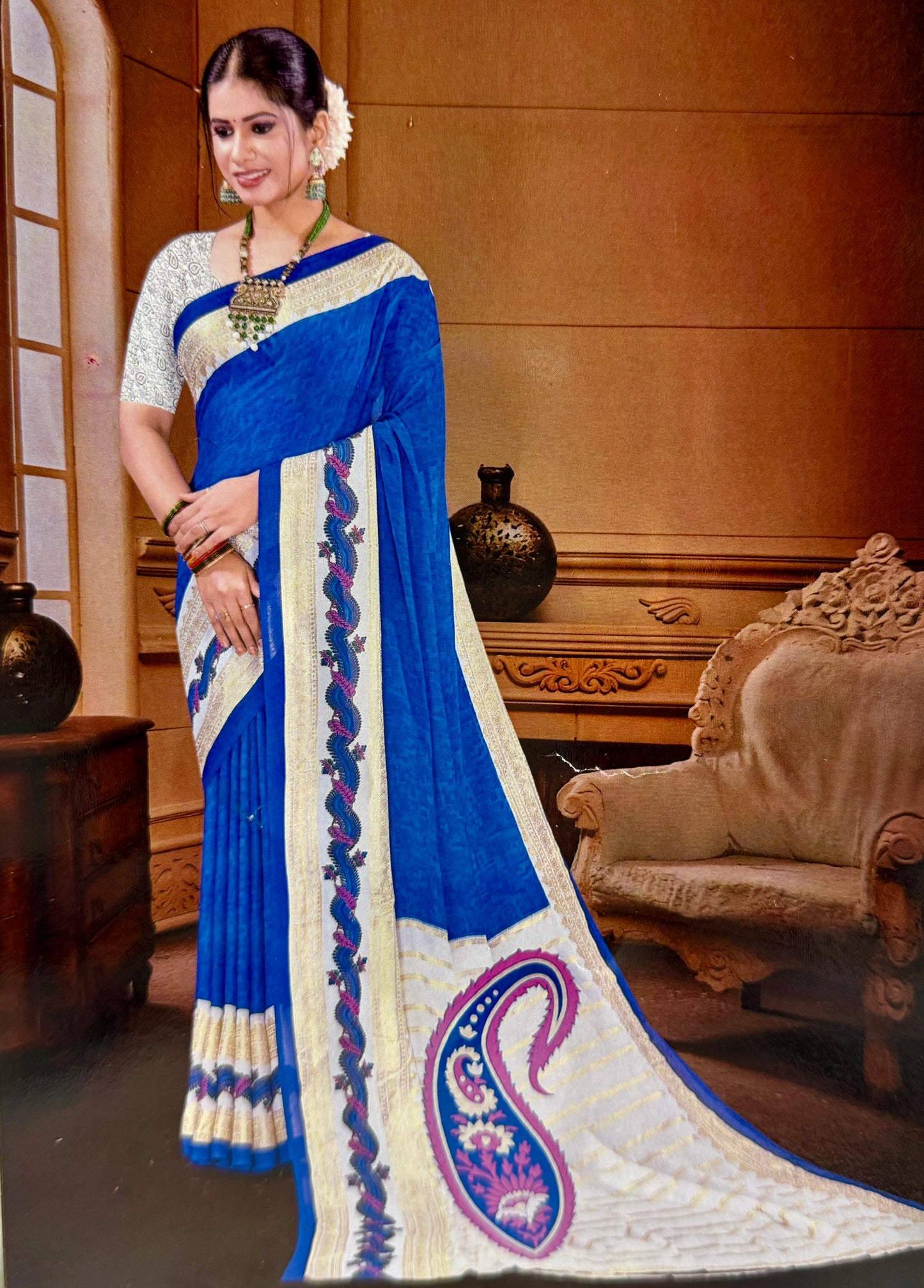 Dark blue Georgette with Bentex border