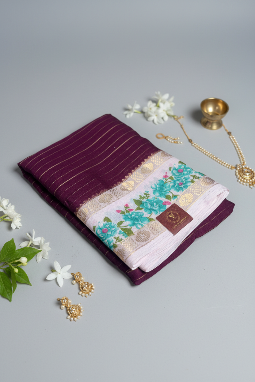 Royal Plum Georgette with Floral Bentex  border