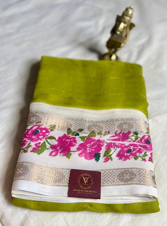 Green Georgette with Floral Bentex  border