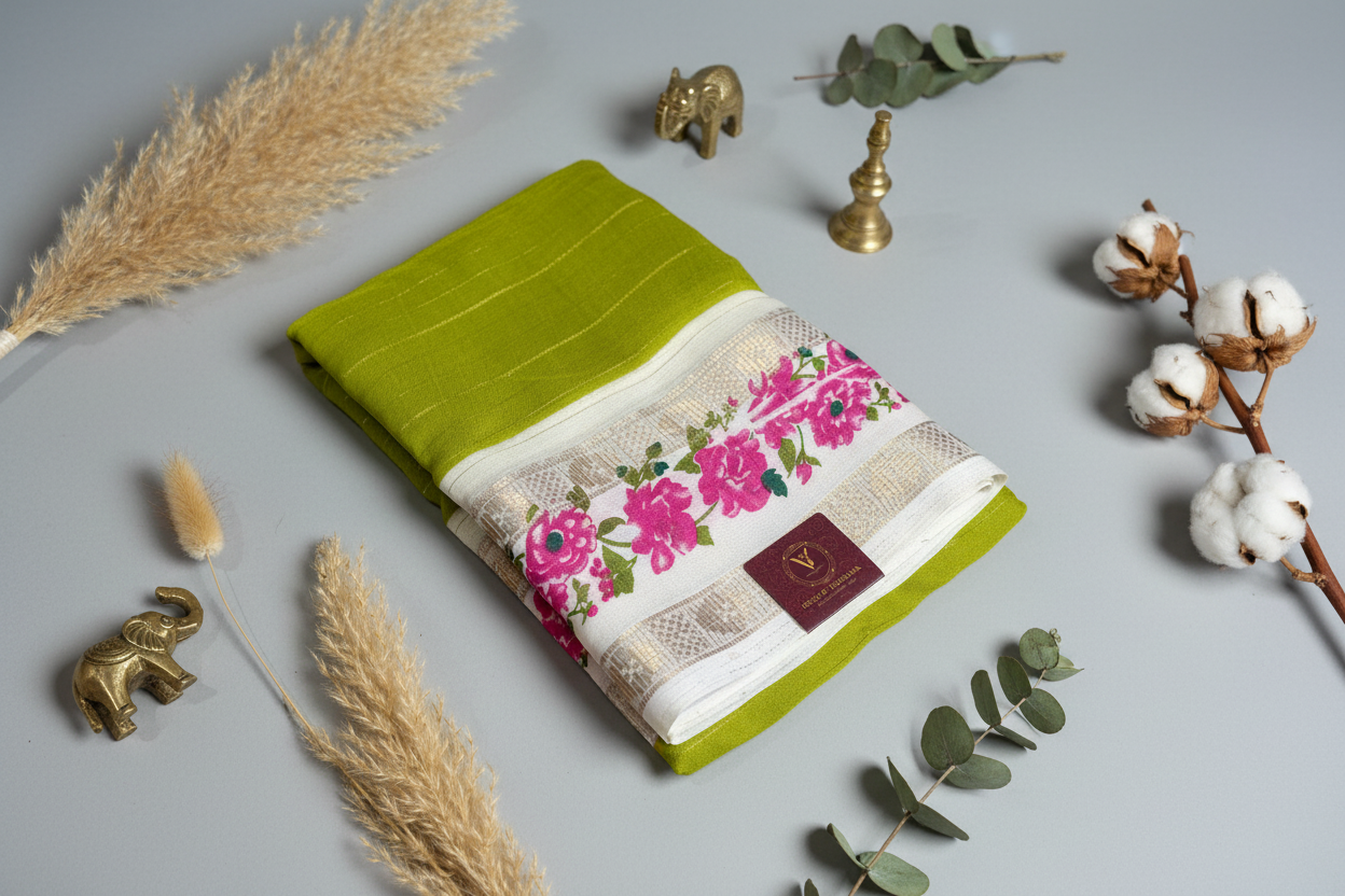 Green Georgette with Floral Bentex  border