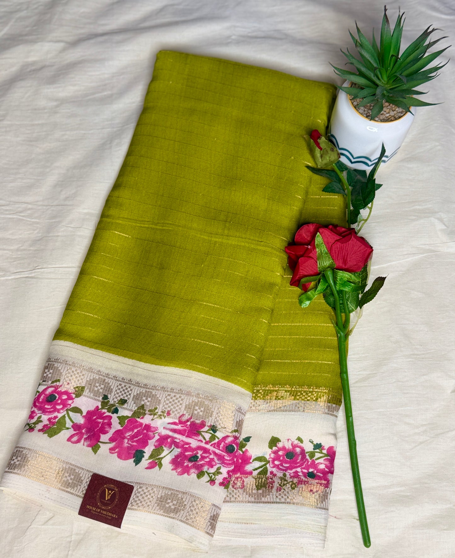 Green Georgette with Floral Bentex  border