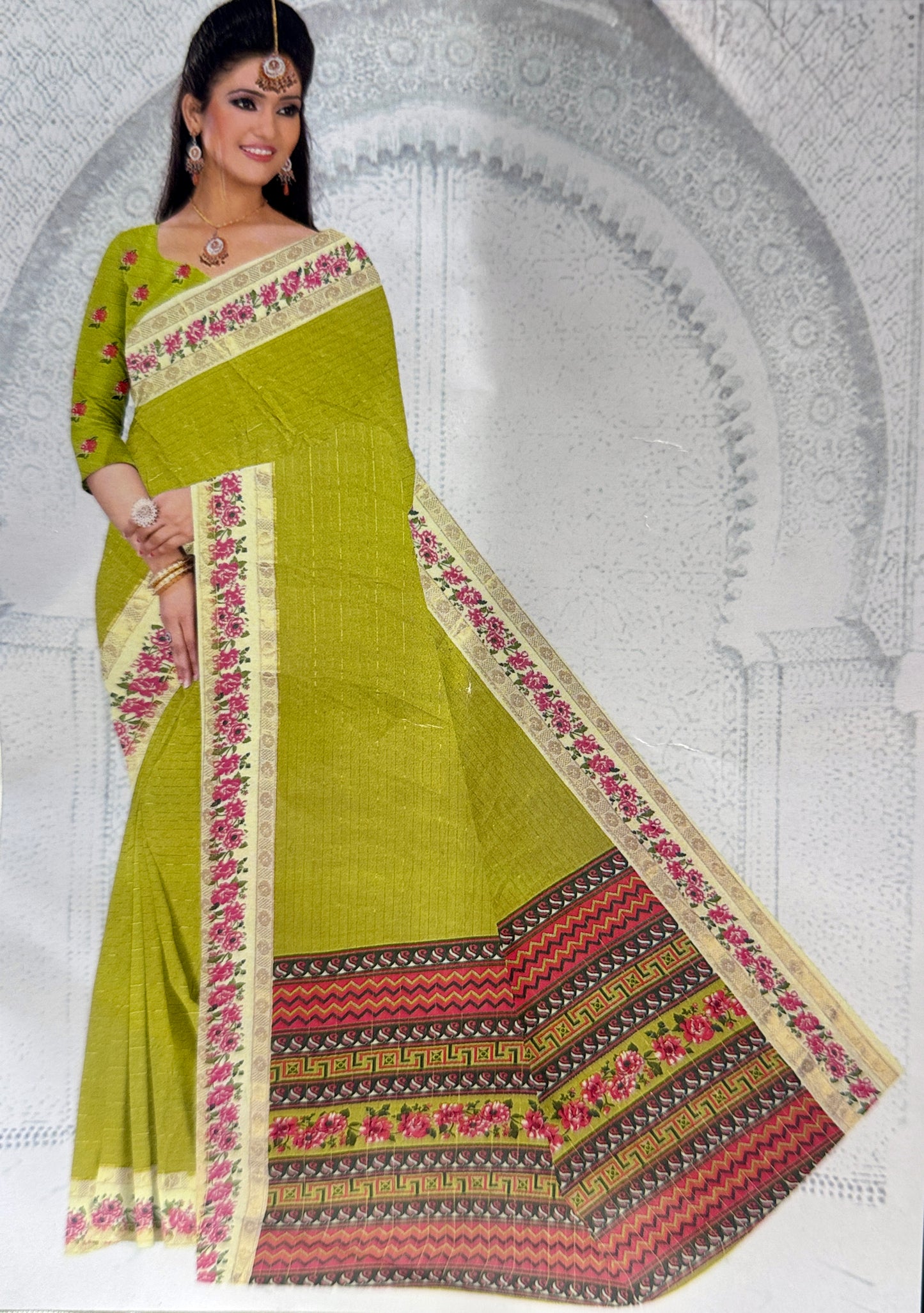 Green Georgette with Floral Bentex  border