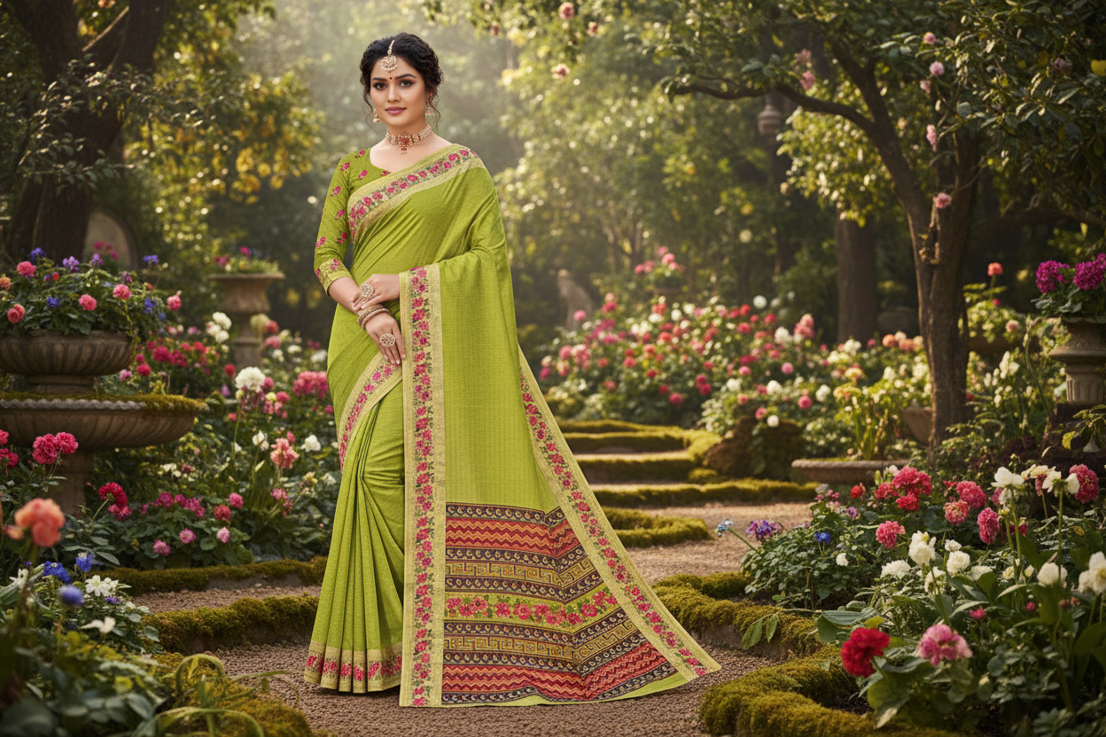 Green Georgette with Floral Bentex  border