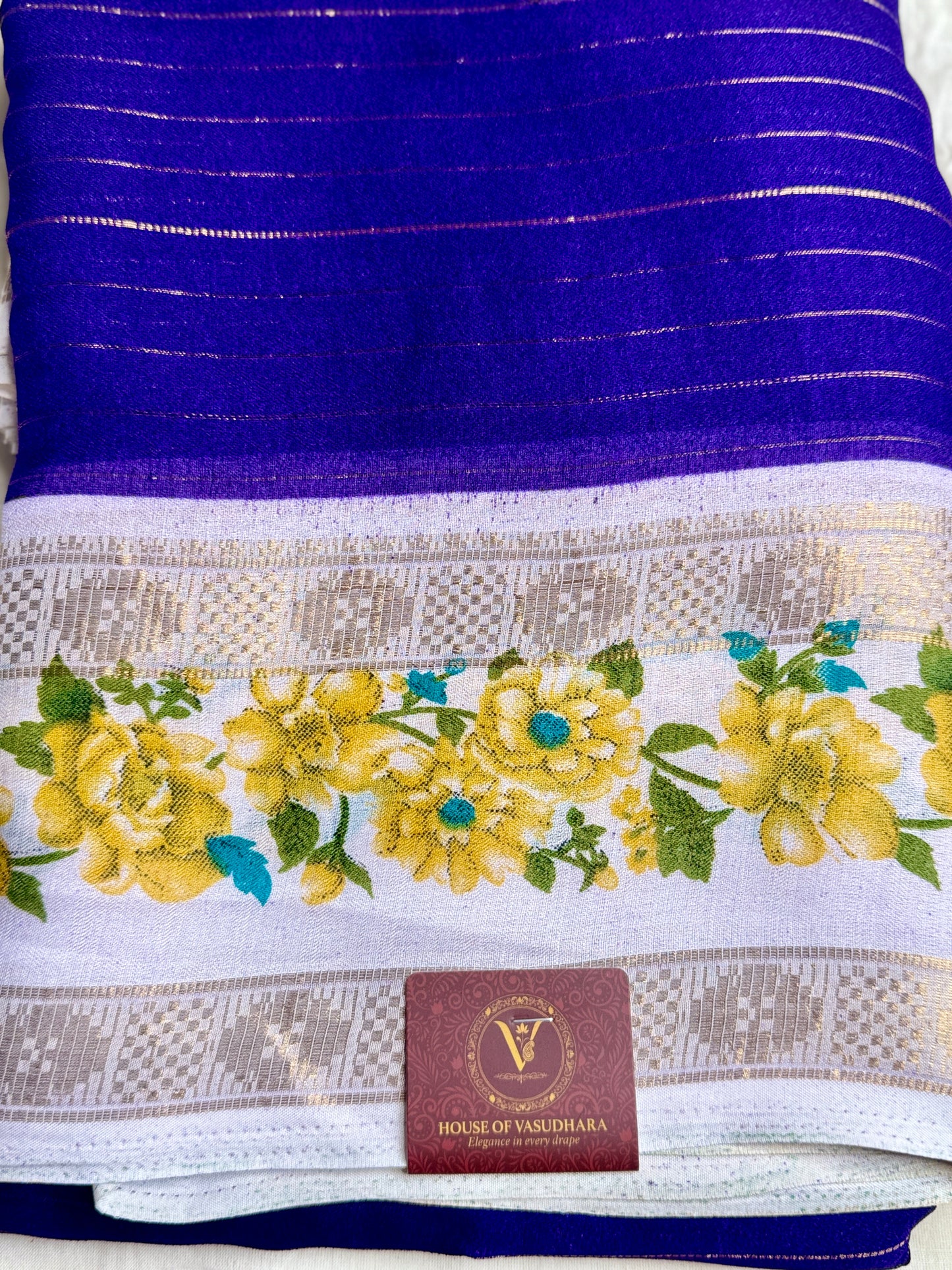 Royal blue Georgette with Floral Bentex  border