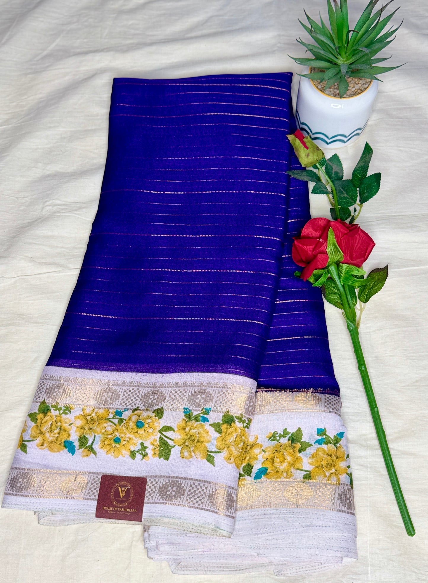 Royal blue Georgette with Floral Bentex  border