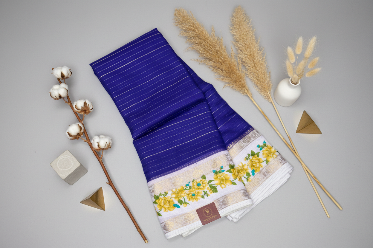 Royal blue Georgette with Floral Bentex  border