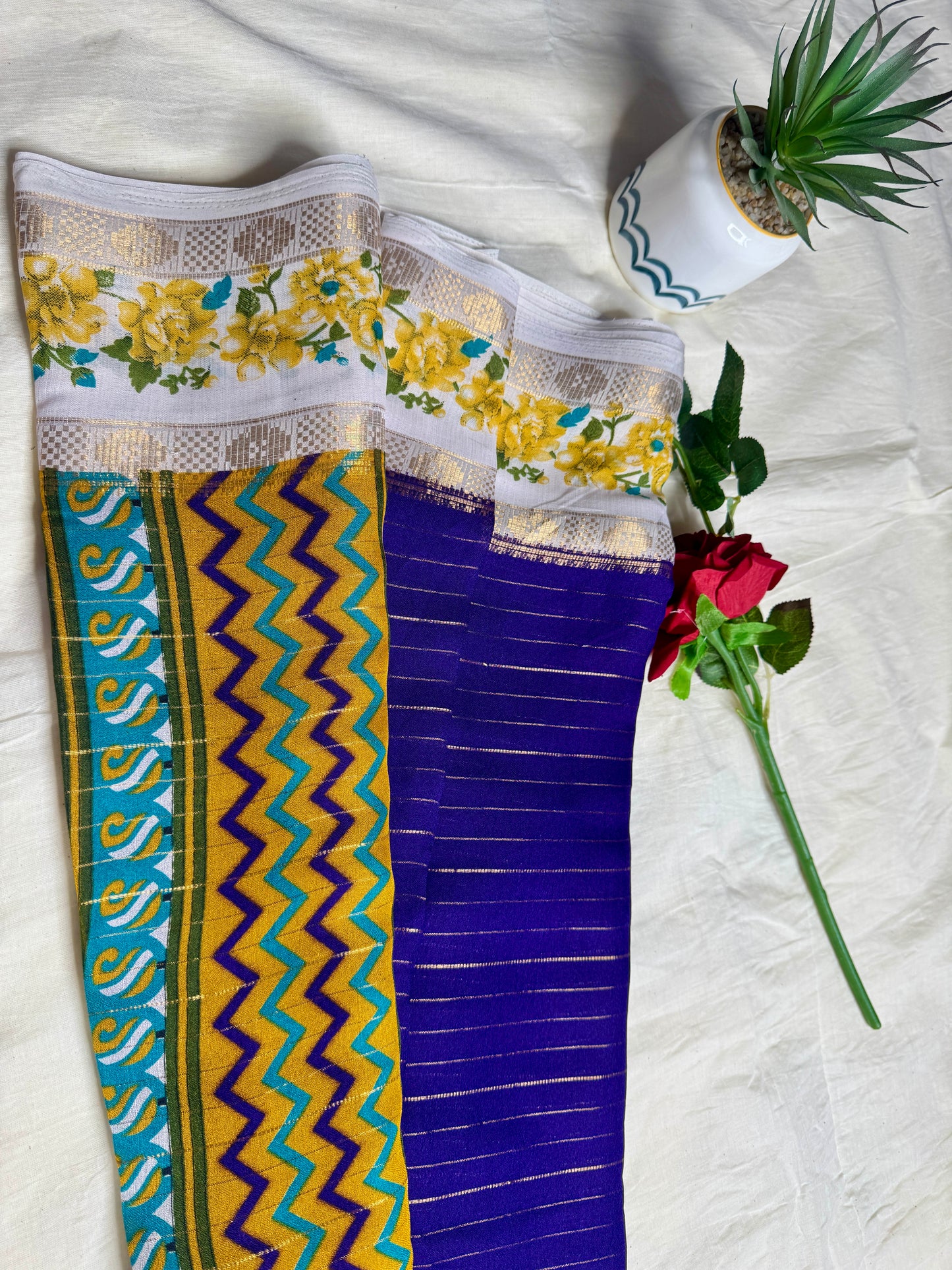 Royal blue Georgette with Floral Bentex  border