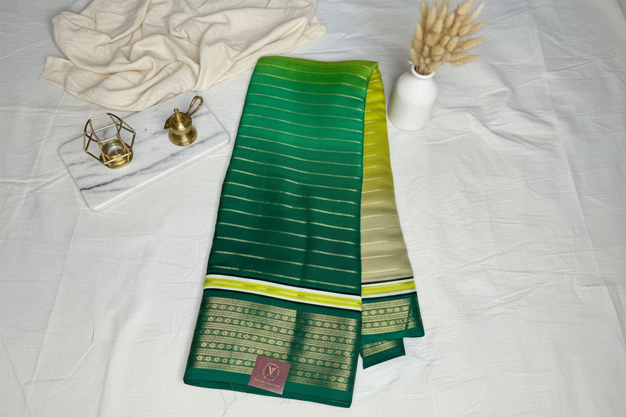 Green & Mustard yellow Ombre Royal stripes Semi Crepe