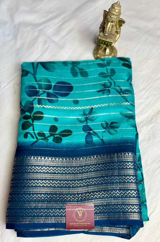 Blue Meena Silk Saree with Floral creepers