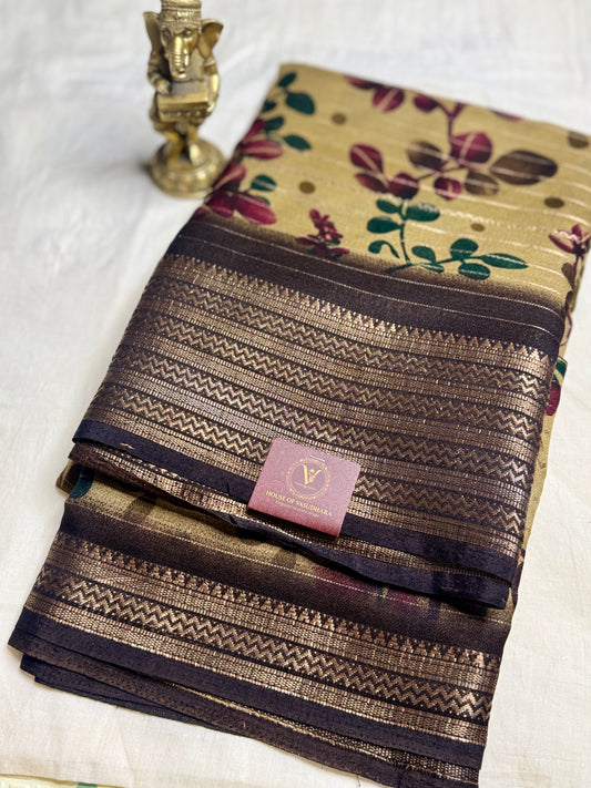 Beige & Brown Meena Silk Saree with Floral creepers