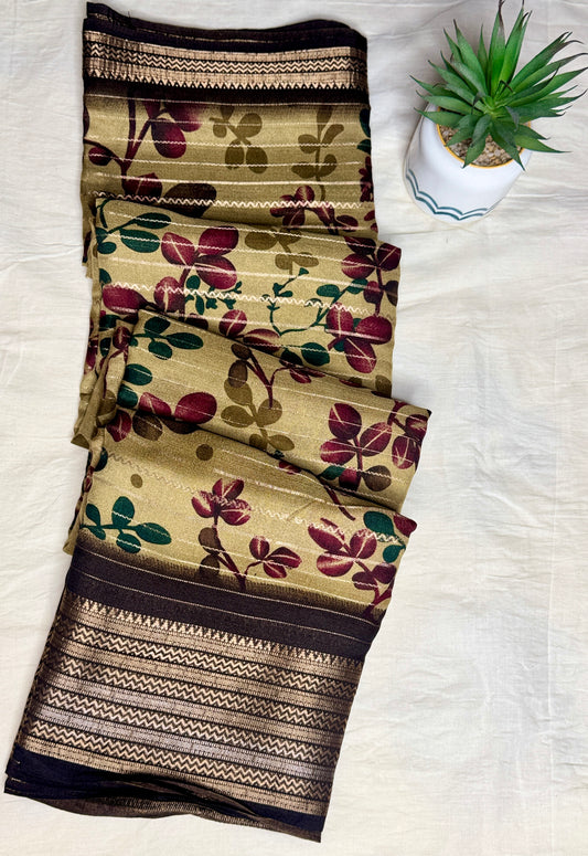 Beige & Brown Meena Silk Saree with Floral creepers
