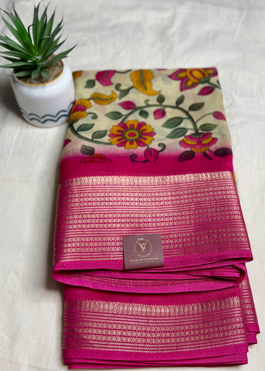 Off white & Pink Meena Silk Saree with Floral creepers