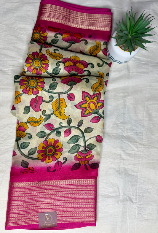 Off white & Pink Meena Silk Saree with Floral creepers