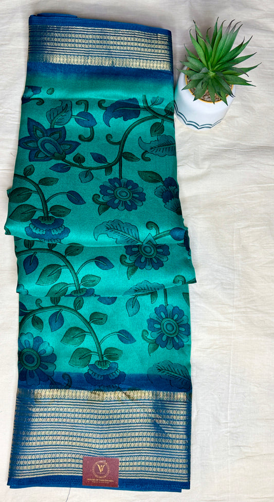 Sea green & Blue Meena Silk Saree with Floral creepers