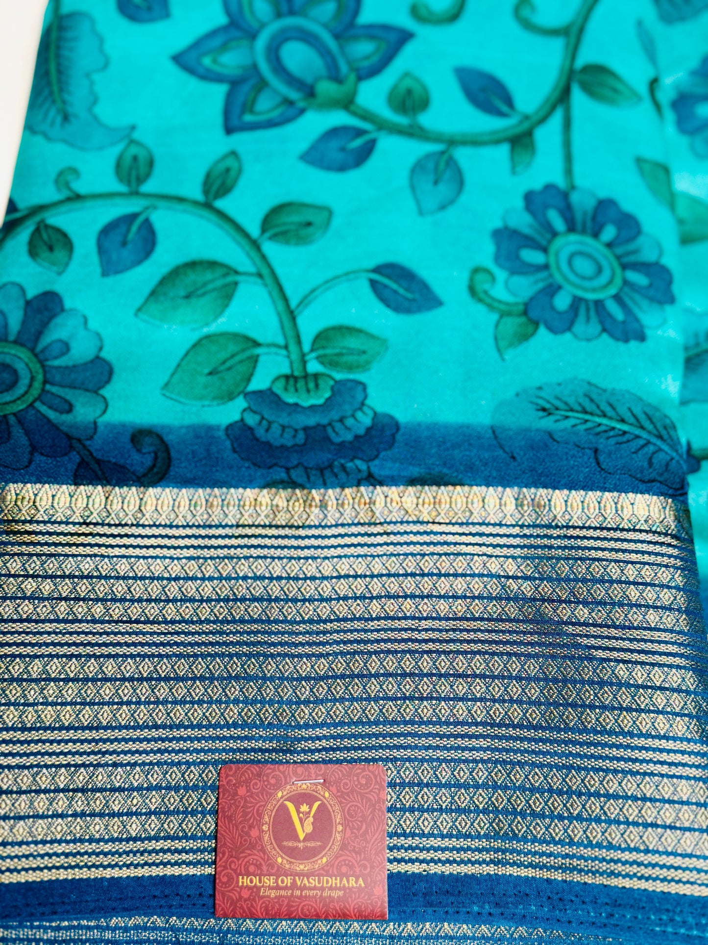 Sea green & Blue Meena Silk Saree with Floral creepers