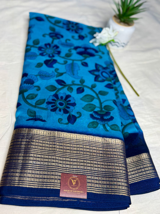 Blue & Navy blue Meena Silk Saree with Floral creepers