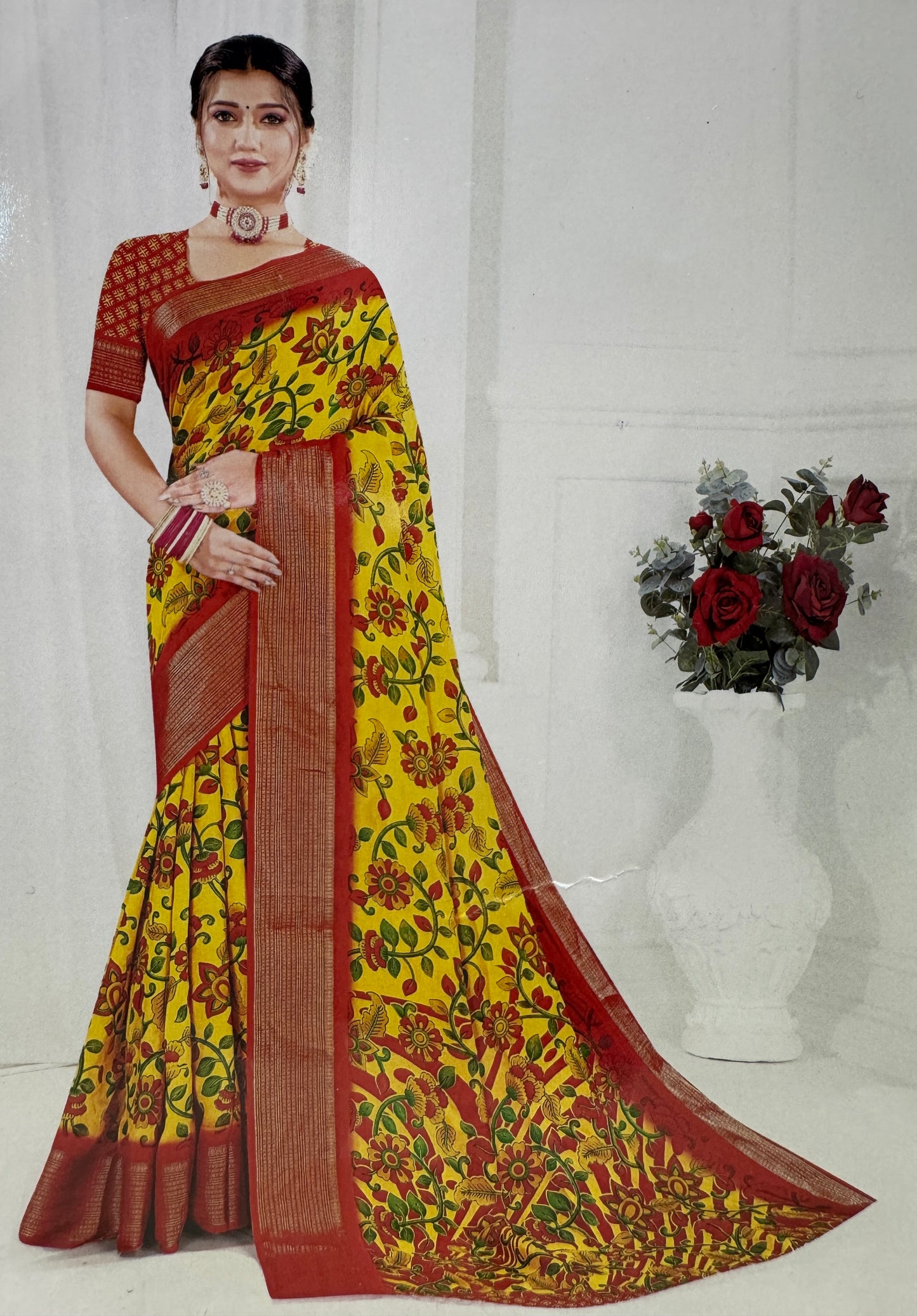 Yellow & Red Meena Silk Saree with Floral creepers