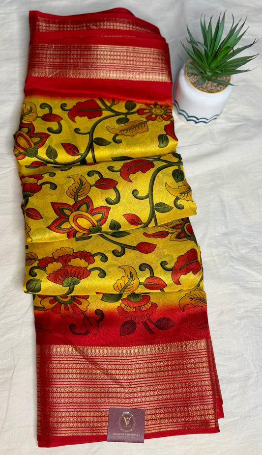 Yellow & Red Meena Silk Saree with Floral creepers