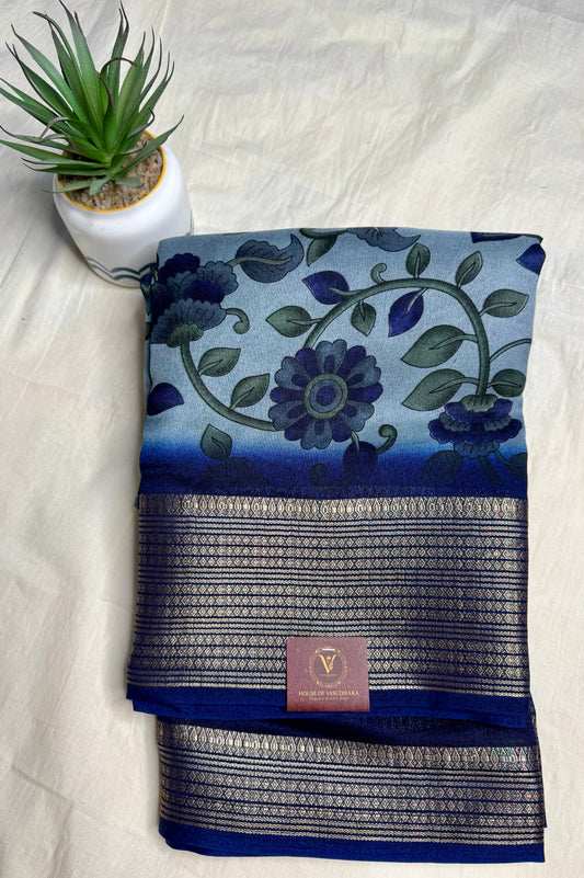 Light blue & Navy blue Meena Silk Saree with Floral creepers