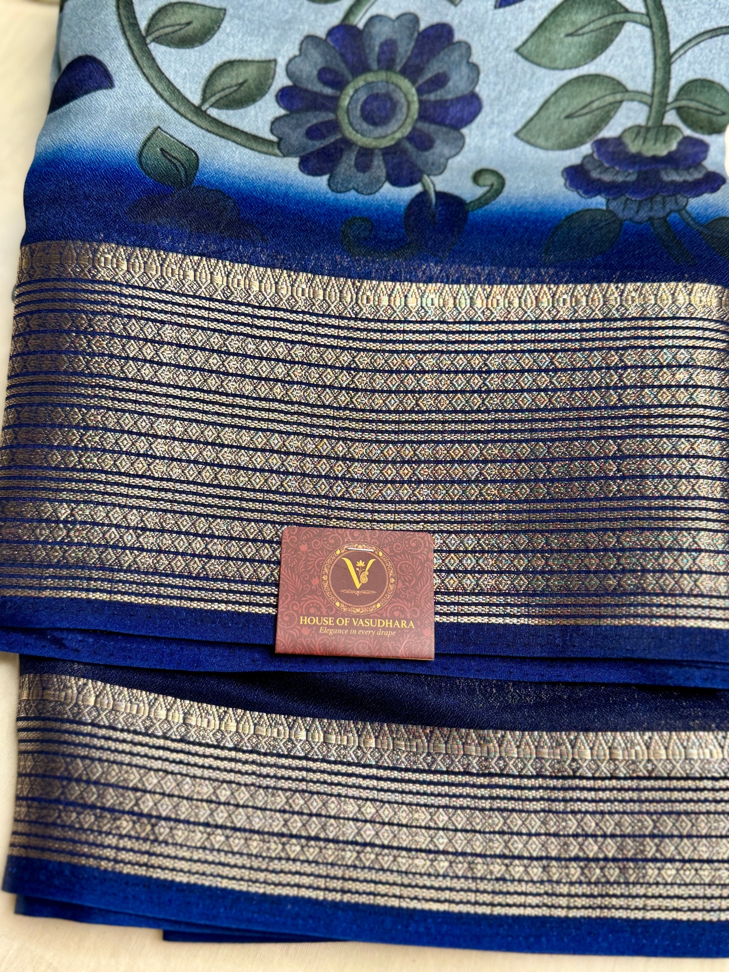 Light blue & Navy blue Meena Silk Saree with Floral creepers