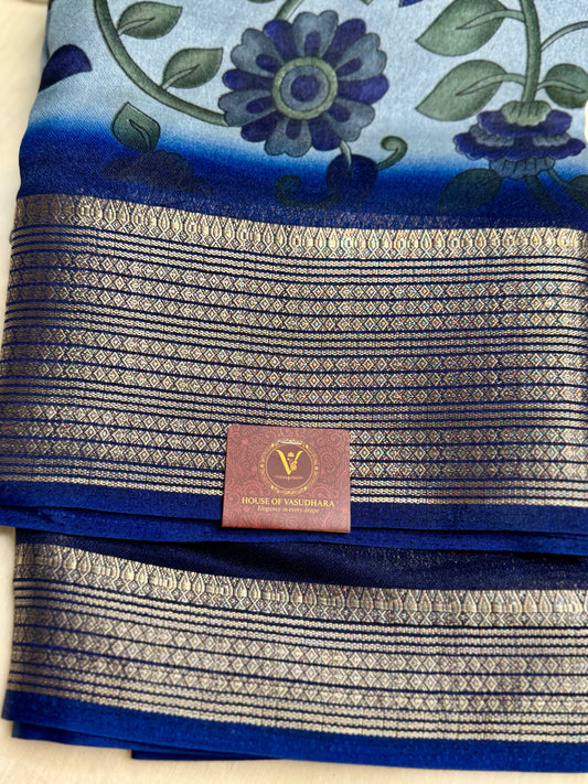 Light blue & Navy blue Meena Silk Saree with Floral creepers