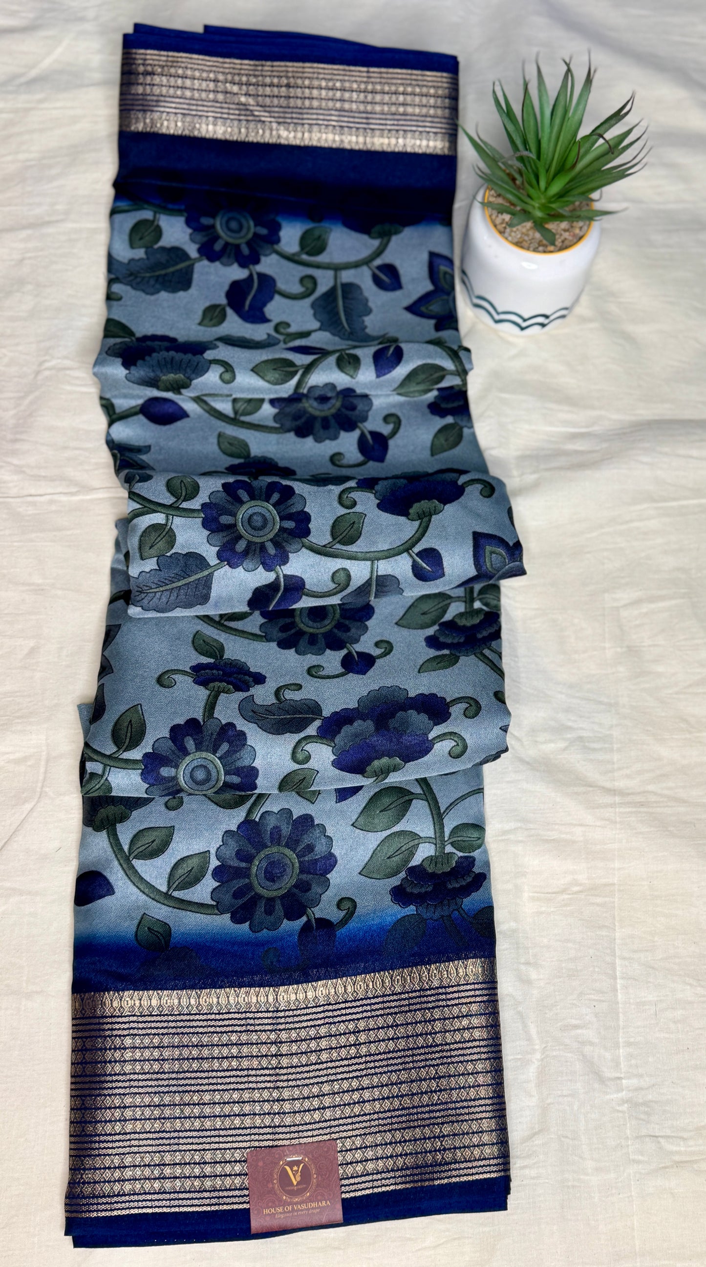 Light blue & Navy blue Meena Silk Saree with Floral creepers