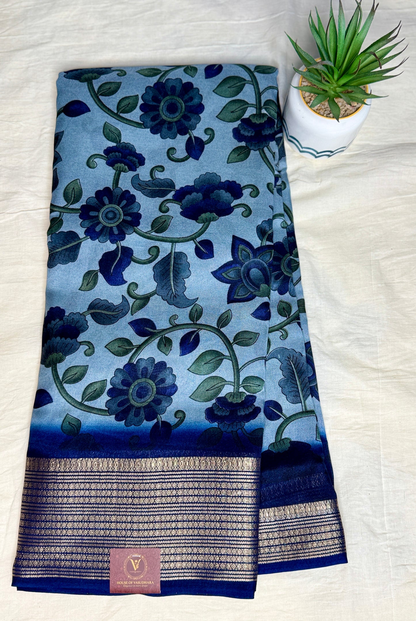 Light blue & Navy blue Meena Silk Saree with Floral creepers