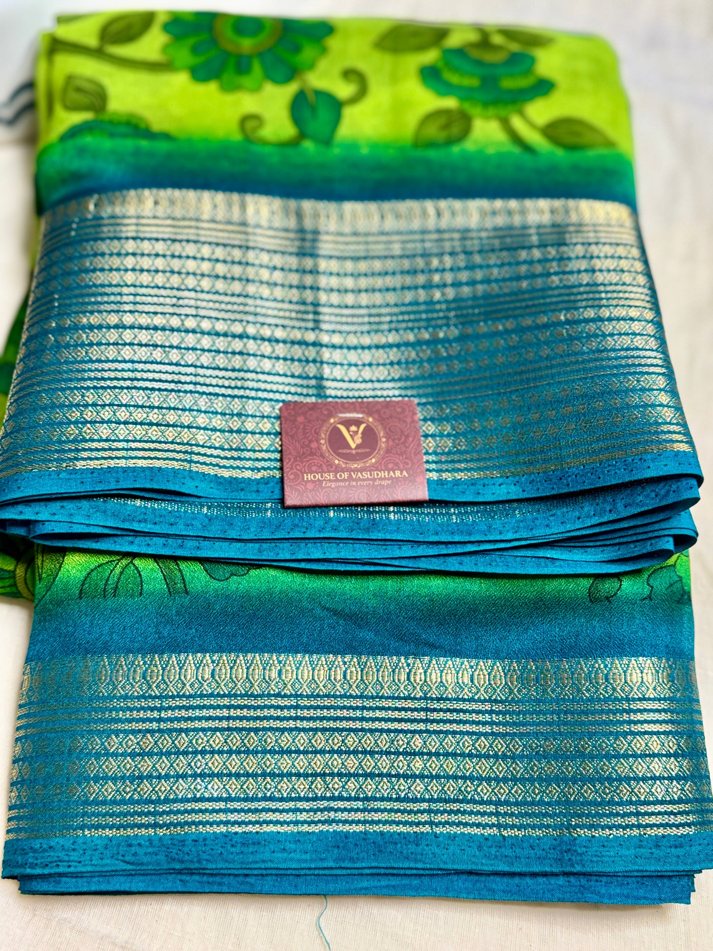 Green & Blue Meena Silk Saree with Floral creepers