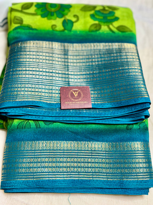 Green & Blue Meena Silk Saree with Floral creepers