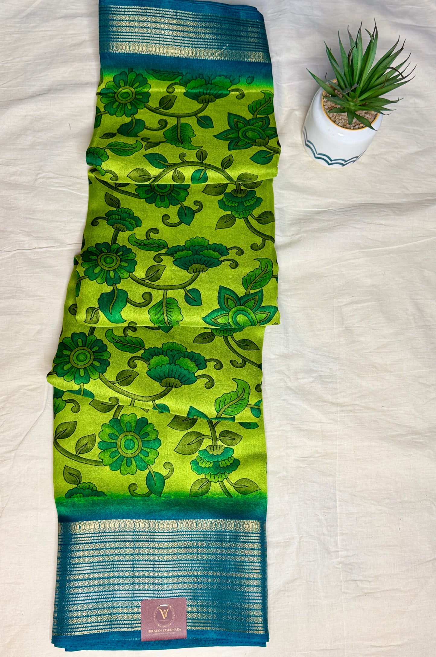 Green & Blue Meena Silk Saree with Floral creepers