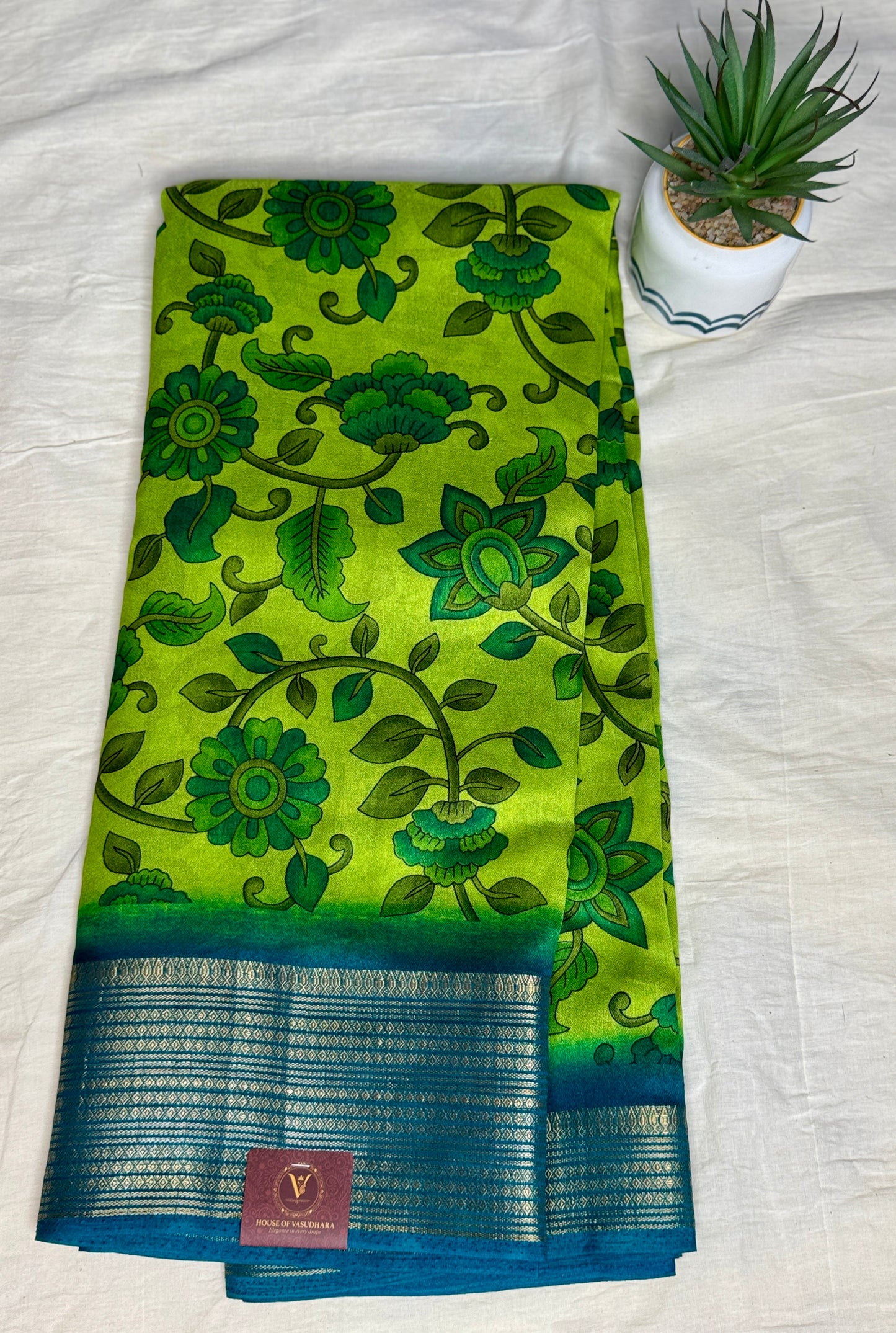 Green & Blue Meena Silk Saree with Floral creepers