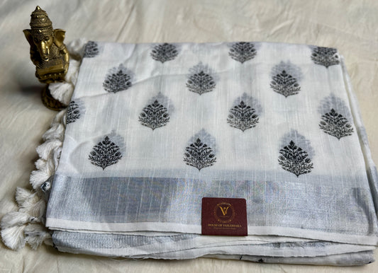 White & Black Hand block Linen Saree