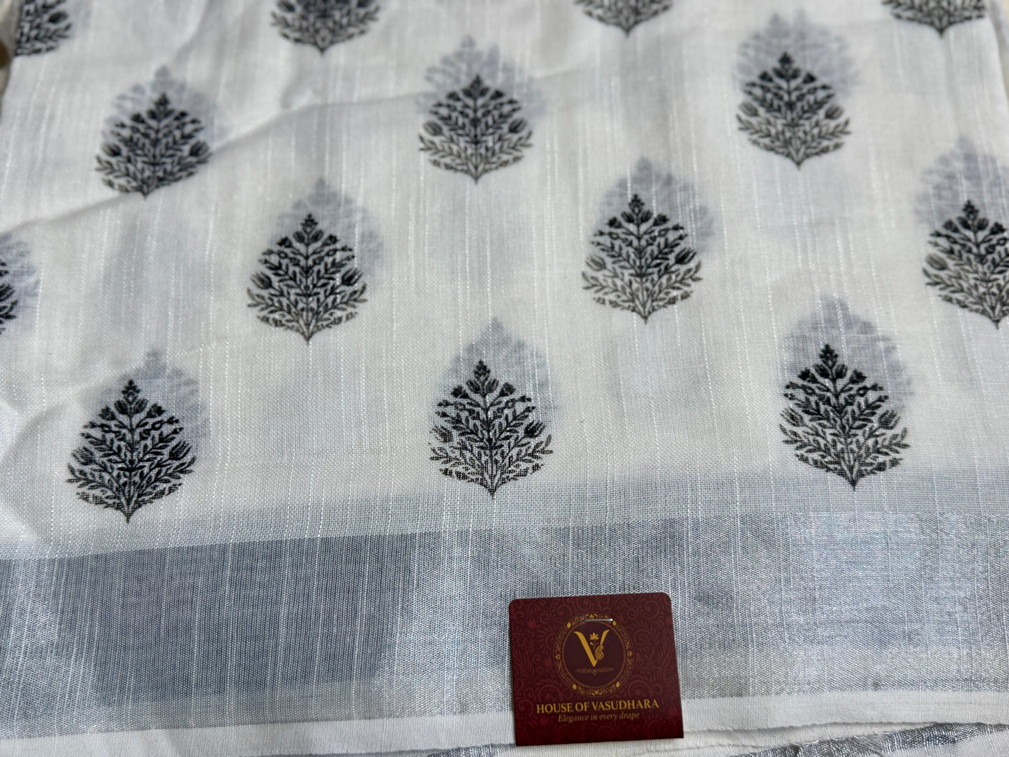 White & Black Hand block Linen Saree