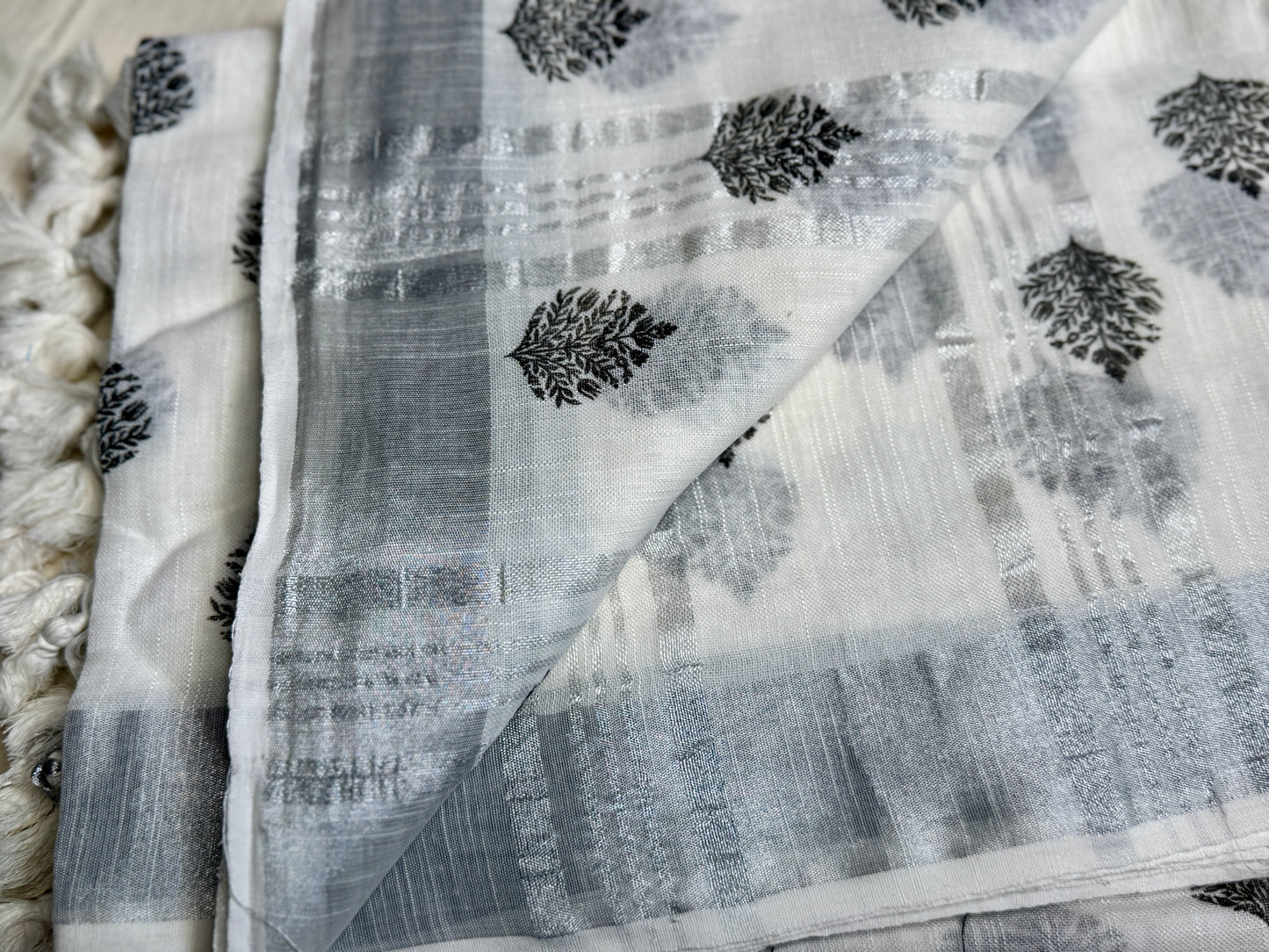 White & Black Hand block Linen Saree