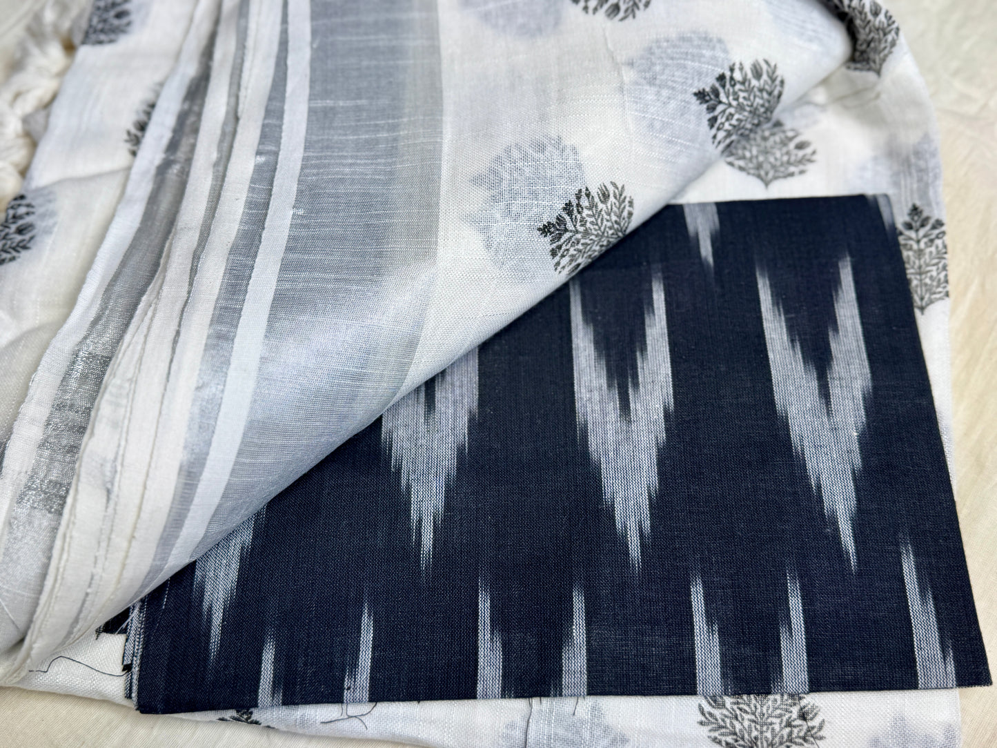White & Black Hand block Linen Saree