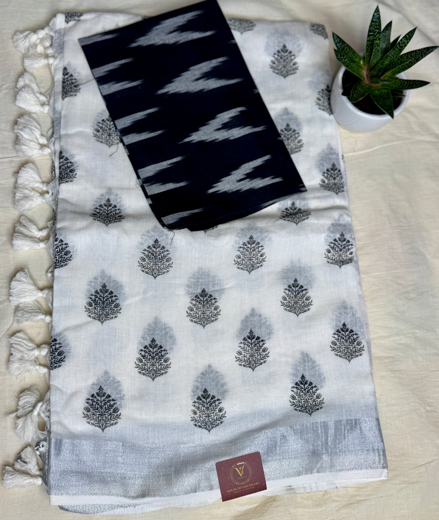 White & Black Hand block Linen Saree