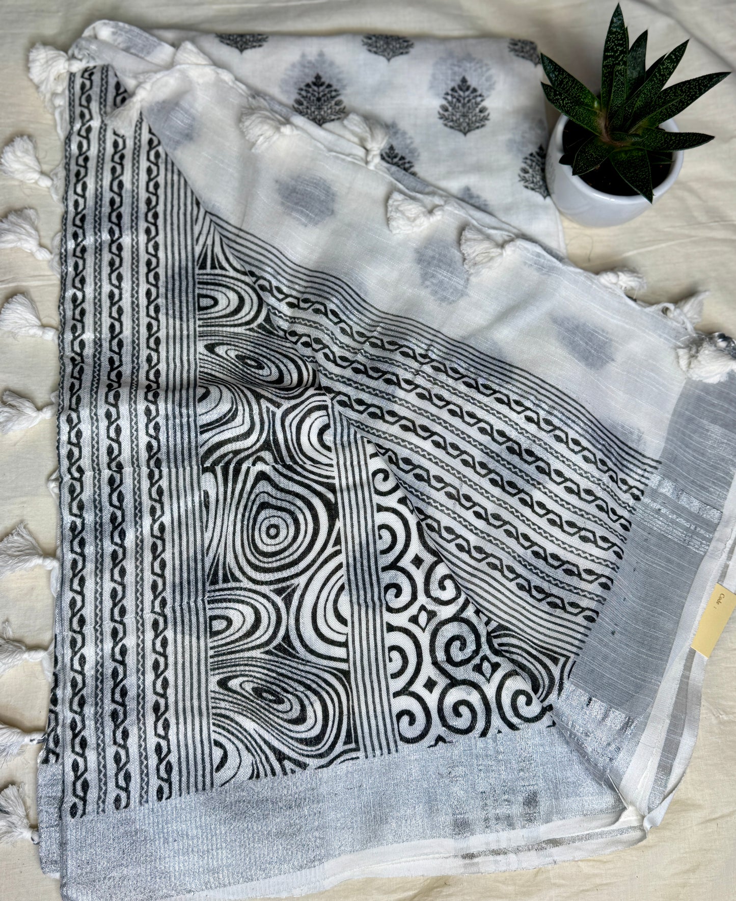 White & Black Hand block Linen Saree