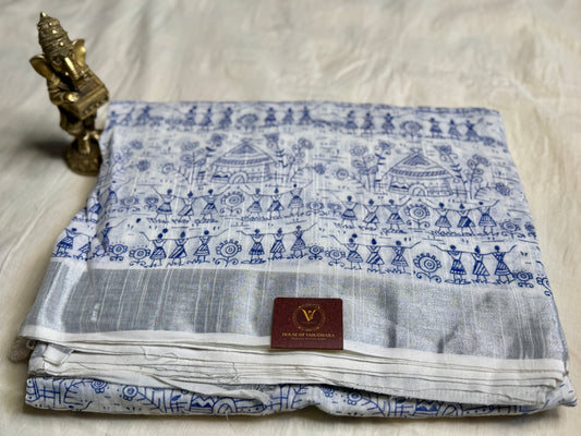 White & Blue Hand block Linen Saree