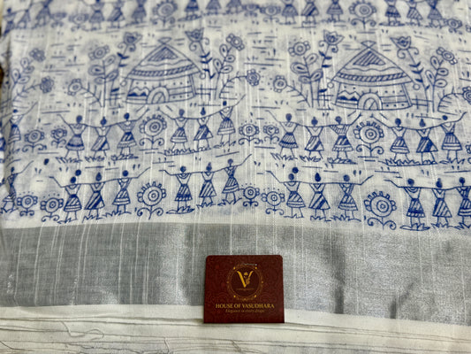 White & Blue Hand block Linen Saree
