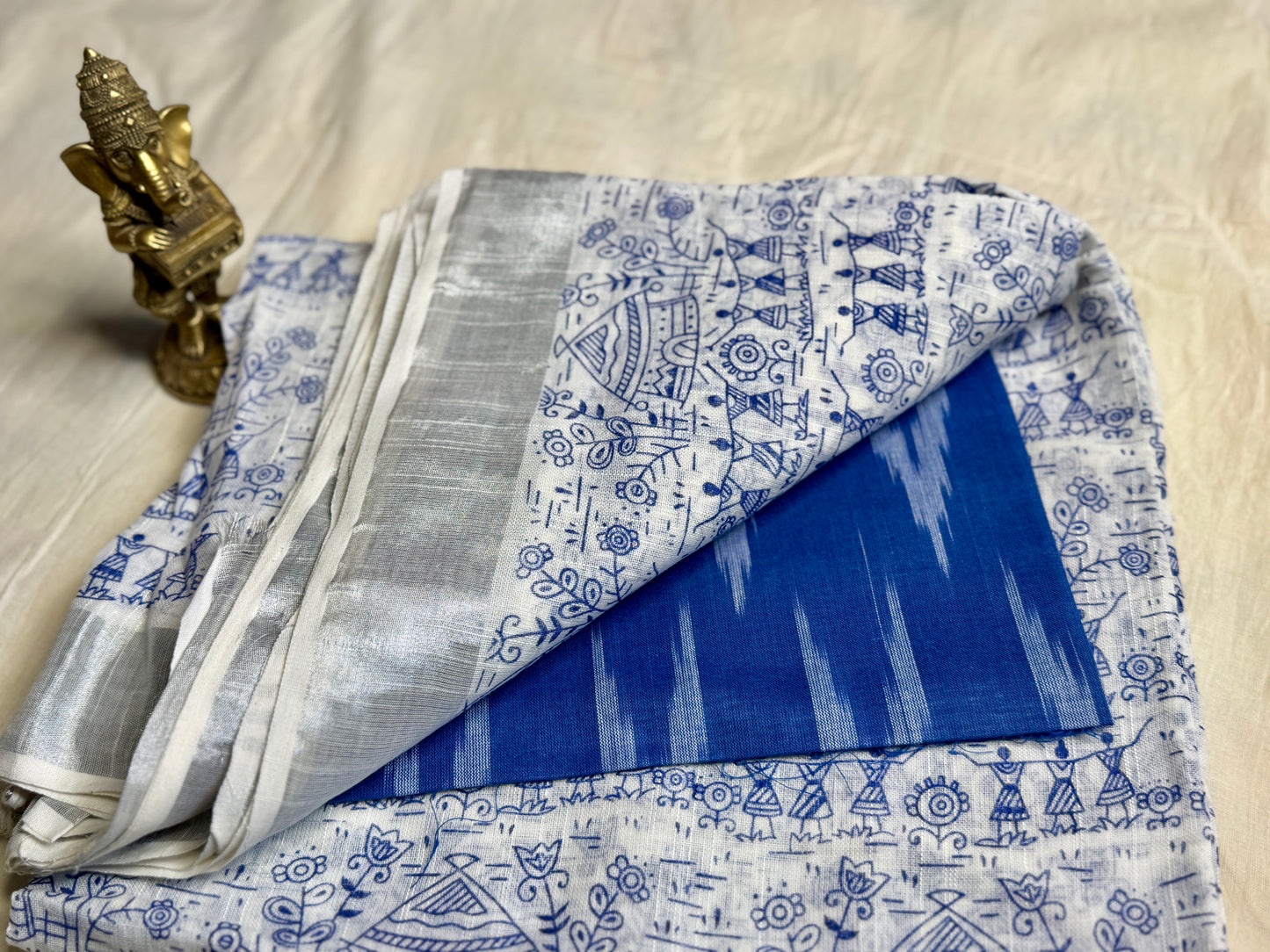 White & Blue Hand block Linen Saree
